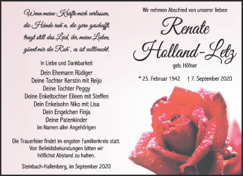 Traueranzeige von Renate Hollland-Letz von Südthüringer Presse