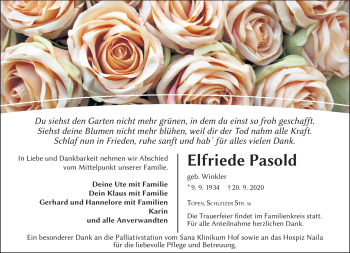 Traueranzeige von Elfriede Pasold von Frankenpost
