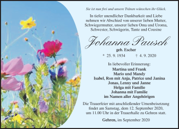 Traueranzeige von Johanna Pausch von Südthüringer Presse