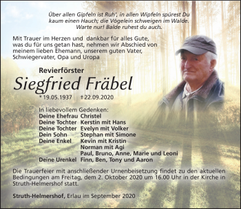 Traueranzeige von Siegfried Förster von Südthüringer Presse