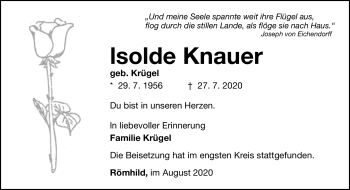 Traueranzeige von Isolde Knauer von Südthüringer Presse