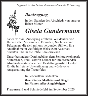 Traueranzeige von Gisela Gundermann von Südthüringer Presse