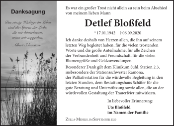 Traueranzeige von Detlef Bloßfeld von Südthüringer Presse