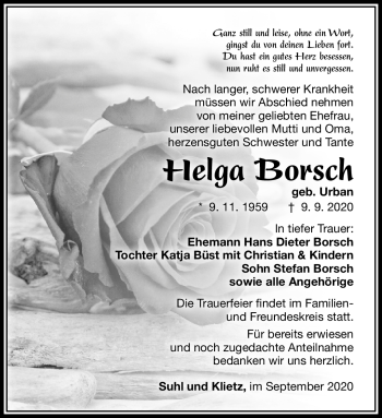 Traueranzeige von Helga Borsch von Südthüringer Presse