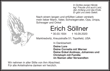 Traueranzeige von Erich Söllner von Frankenpost