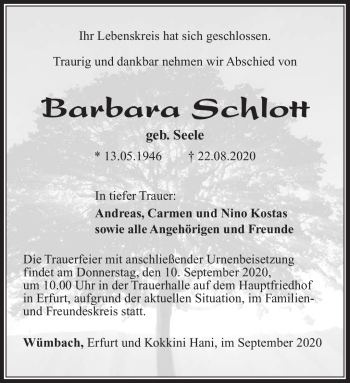 Traueranzeige von Barbara Schlott von Südthüringer Presse