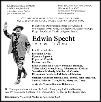 Traueranzeige von Edwin Specht von Südthüringer Presse