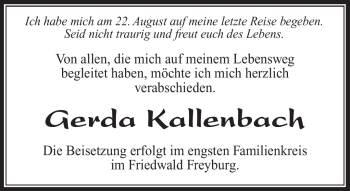 Traueranzeige von Gerda Kallenbach von Südthüringer Presse