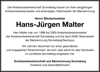 Traueranzeige von Hans-Jürgen Malter von Südthüringer Presse