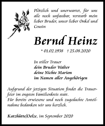 Traueranzeige von Bernd Heinz von Südthüringer Presse