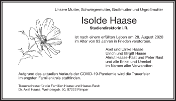 Traueranzeige von Isolde Haase von Frankenpost
