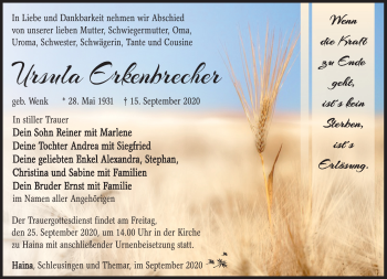 Traueranzeige von Ursula Erkenbrecher von Südthüringer Presse