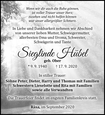 Traueranzeige von Sieglinde Hübel von Südthüringer Presse