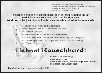 Traueranzeige von Helmut Rauschhardt von Südthüringer Presse