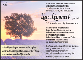 Traueranzeige von Lisa Lemmert von Südthüringer Presse