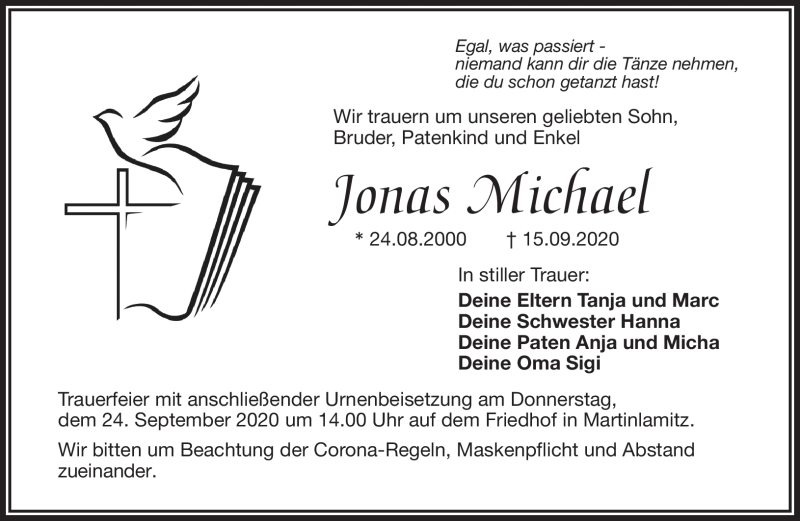  Traueranzeige für Jonas Michael vom 22.09.2020 aus Frankenpost