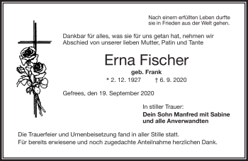Traueranzeige von Erna Fischer von Frankenpost