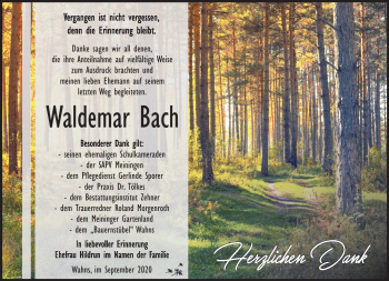 Traueranzeige von Waldemar Bach von Südthüringer Presse