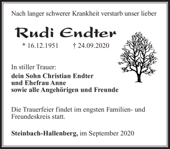 Traueranzeige von Rudi Endter von Südthüringer Presse