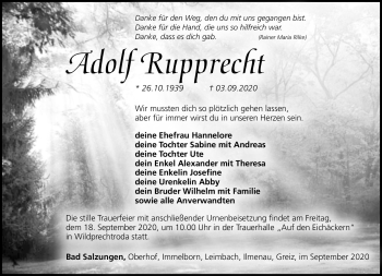 Traueranzeige von Adolf Rupprecht von Südthüringer Presse