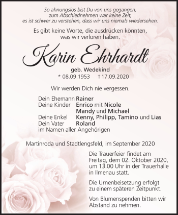 Traueranzeige von Karin Ehrhardt von Südthüringer Presse