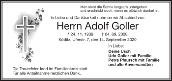 Traueranzeige von Adolf Goller von Frankenpost