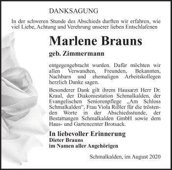 Traueranzeige von Marlene Brauns von Südthüringer Presse