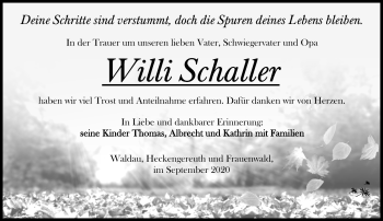 Traueranzeige von Willi Schaller von Südthüringer Presse