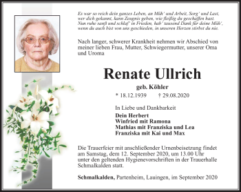 Traueranzeige von Renate Ullrich von Südthüringer Presse