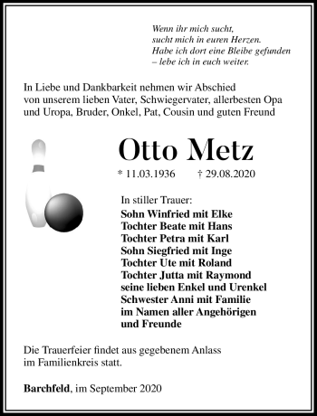 Traueranzeige von Otto Metz von Südthüringer Presse