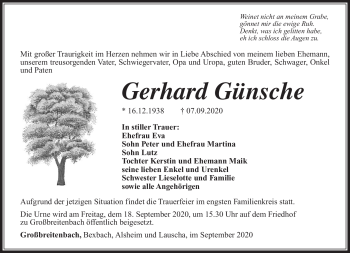 Traueranzeige von Gerhard Günsche von Südthüringer Presse
