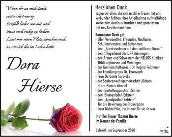 Traueranzeige von Dora Hierse von Südthüringer Presse
