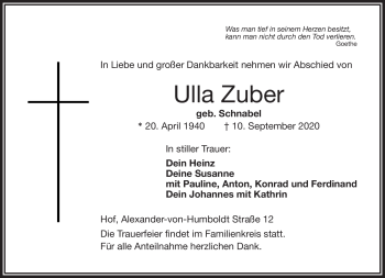 Traueranzeige von Ursula Zuber von Frankenpost