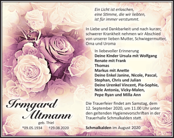 Traueranzeige von Irmgard Altmann von Südthüringer Presse