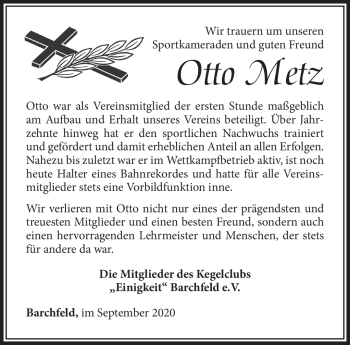 Traueranzeige von Otto Metz von Südthüringer Presse