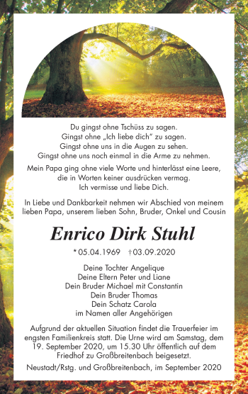 Traueranzeige von Enrico Stuhl von Südthüringer Presse
