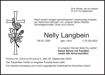 Traueranzeige von Nelly Langbein von Neue Presse Coburg