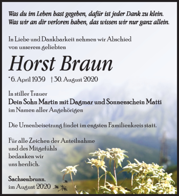 Traueranzeige von Horst Braun von Südthüringer Presse