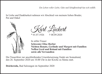 Traueranzeige von Karl Lückert von Südthüringer Presse
