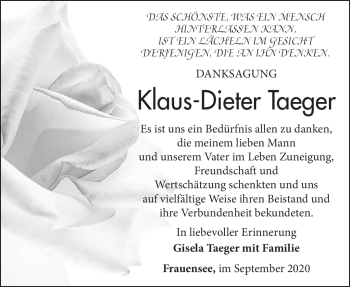 Traueranzeige von Klaus-Dieter Taeger von Südthüringer Presse