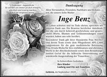 Traueranzeige von Inge Benz von Südthüringer Presse