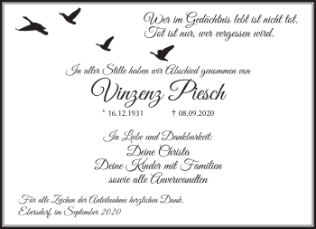 Traueranzeige von Vinzenz Piesch von Neue Presse Coburg