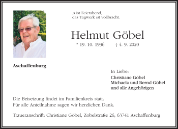 Traueranzeige von Helmut Göbel von Frankenpost