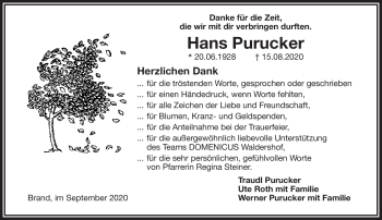 Traueranzeige von Hans Purucker von Frankenpost