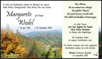 Traueranzeige von margarete Wedel von Südthüringer Presse