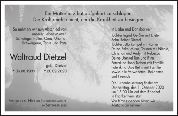 Traueranzeige von Waltraud Dietzel von Südthüringer Presse
