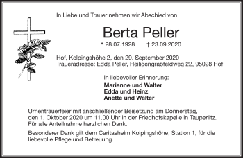 Traueranzeige von Berta Peller von Frankenpost