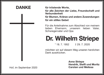 Traueranzeige von Wilhelm Striepe von Frankenpost