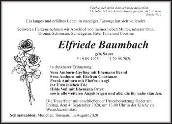 Traueranzeige von Elfriede Baumbach von Südthüringer Presse