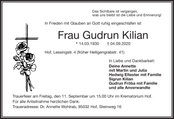 Traueranzeige von Gudrun Kilian von Frankenpost